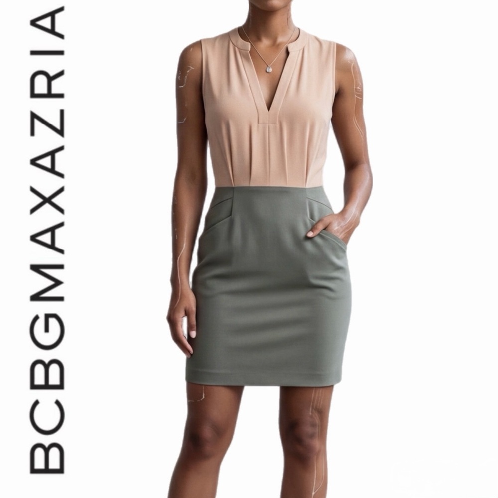 BCBGMAXAZRIA Bodycon Mini Dress Size 0 Moss Combo Sleeveless Stretch EUC